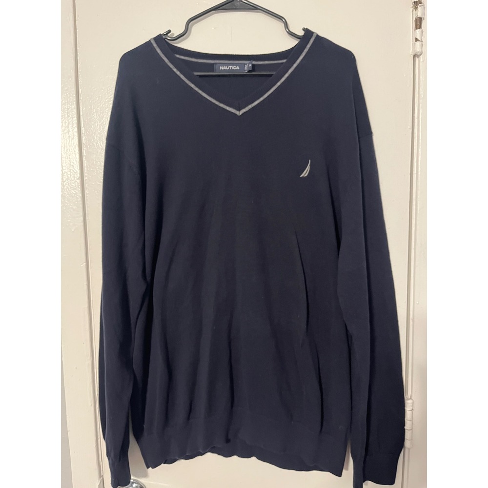 Nautica Mens XL Navy Blue V-Neck Cotton Pullover Sweater Tipped‎ Neck Logo